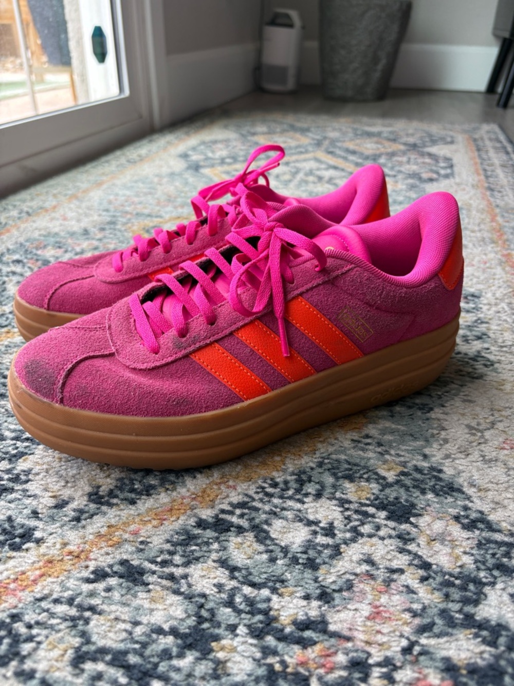 adidas Women's Hot Pink Suede Platform Sneakers with Orange Stripes